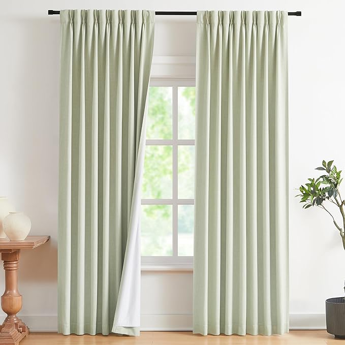 Vision Home Soft Green Pinch Pleated Full Blackout Curtains Linen Blended Room Darkening Curtain Panels 84 inch for Living Room Bedroom Thermal Insulated Pinch Pleat Drapes with Hooks 40" Wx84 Lx2