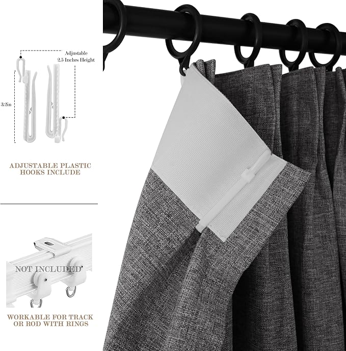 100% Blackout Linen Textured Drapes for Bedroom Pinch Pleated Curtains for Track System Portable Drapery for Sliding Glass Door/Storage/Space Room Divider, 70" Wx102 L, 1 PC, Natural Grey