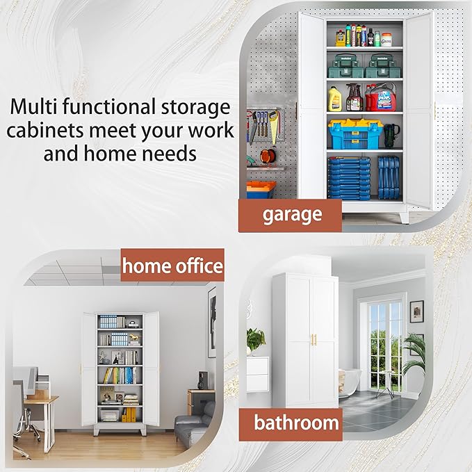 Kitchen Pantry Storage Cabinet with Doors and Adjustable Shelves, Metal ClosetMaid Food Pantry Cabinets, 75" Tall Freestanding Cupboard for Kitchen, Laundry or Utility Room, White