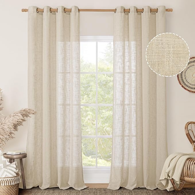 LAMIT Linen Sheer Curtains 95 inch for Living Room, Soft Thick Light Filtering Boho Window Textured Neutral Drapes with Bronze Grommet for Bedroom Farmhouse, 2 Panels, 52 x 95 Inch, Linen