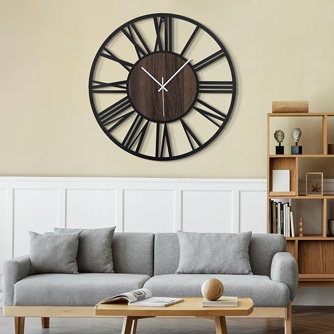 LEIKE 30" Oversized Large Wall Clocks,Silent,Non Ticking,Battery Operated Modern Round Big Wood Decorative Metal Wall Clock for Living Room, Bedroom,Kitchen,Farmhouse,Office Decor - Black,30 Inch