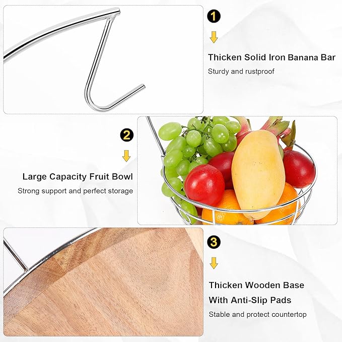 Livabber Countertop Fruit Basket Bowl with Banana Hanger, Modern Standing Fruit Vegetable Bowl Storage, with Banana Tree Holder for Kitchen Dinning Table (Round Wood, Chrome)