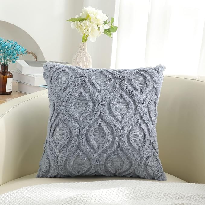 decorUhome Fall Throw Pillow Covers 22x22 Inch Set of 2, Soft Plush Decorative Faux Fur Blue Grey Solid Couch Pillow Covers, Accent Farmhouse Neutral Square Euro Pillow Cases for Sofa Bed Living Room