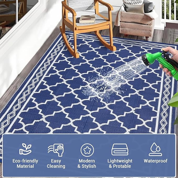 GAOMON Outdoor Rugs Patio Camping Waterproof Rug 6'x9' Plastic Straw Patio Rug Portable for Campers, Outside RVs Mat for Patios Clearance, Backyard Porch, Balcony, Navy/White(Geometric)