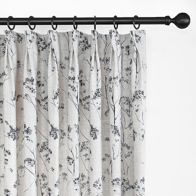 Pinch Pleated Floral Linen Curtains 2 Panels Elegant Light Filtering Privacy Drape,40 Inch Wide by 100 Inch Long Curtains Suitable for Living Rooms and Bedrooms