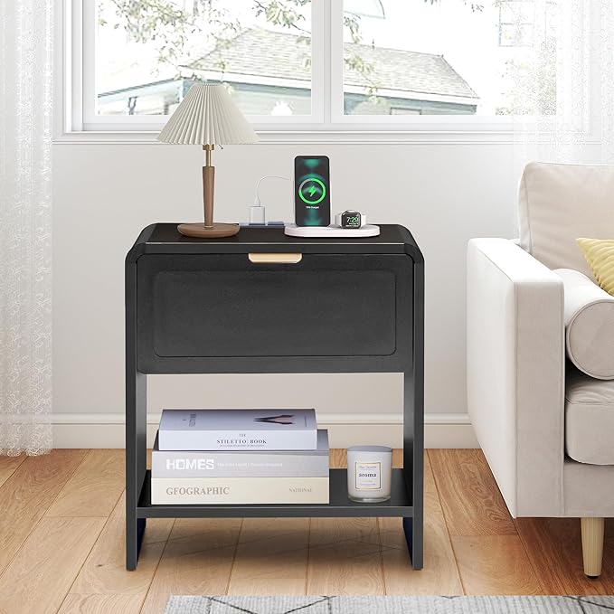 LEVNARY Nightstand with Charging Station, Mid-Century Modern Bedside Table with Curved Top Corners and Storage Drawer, Wooden End Table for Farmhouse Bedroom Living Room (1, Black)