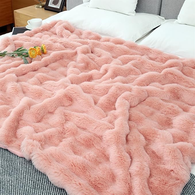 RYNGHIPY Faux Fur Bed Blankets Fluffy Warm Throw Blanket for Sofa Couch Soft Plush Decorative Blanket Thick and Heavy Cute Bubble Furry Blanket (Blush, 51''x63'')