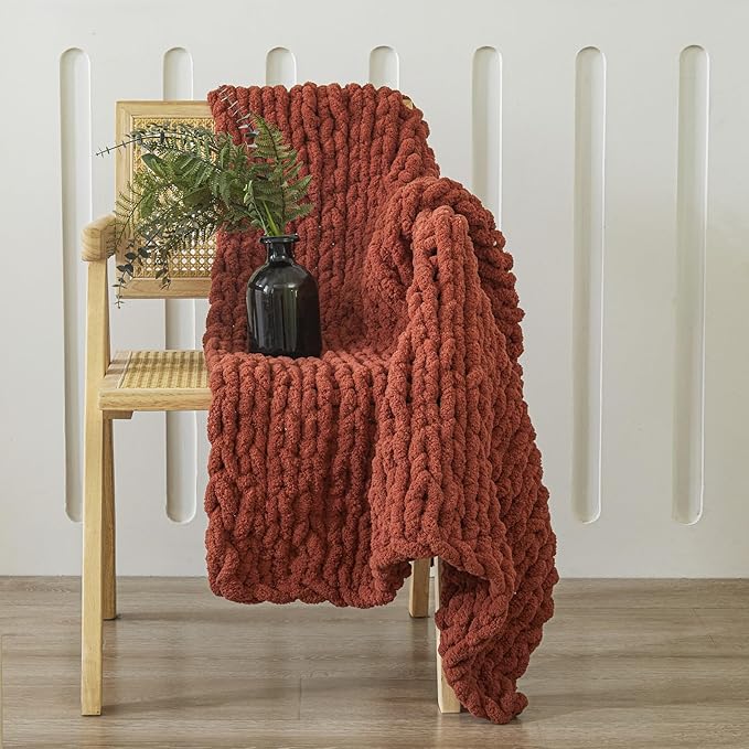 WESHIONGOO Chunky Knit Blanket Throw 40"*40“ Knitted Throw Blankets for Couch Bed Fluffy Soft Blanket with Jumbo Chenille Yarn Thick 100% Handmade(Rust)