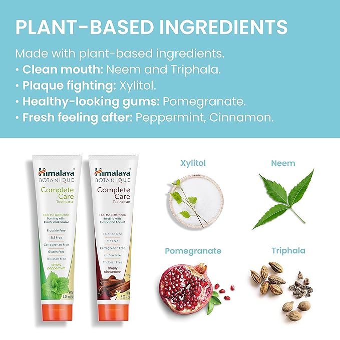 Himalaya Botanique Complete Care Toothpaste, Herbal, Variety Pack, Peppermint and Cinnamon Flavor, Fights Plaque, Freshens Breath, Fluoride Free, No Artificial Flavors, SLS Free, Cruelty Free, 5.29 Oz