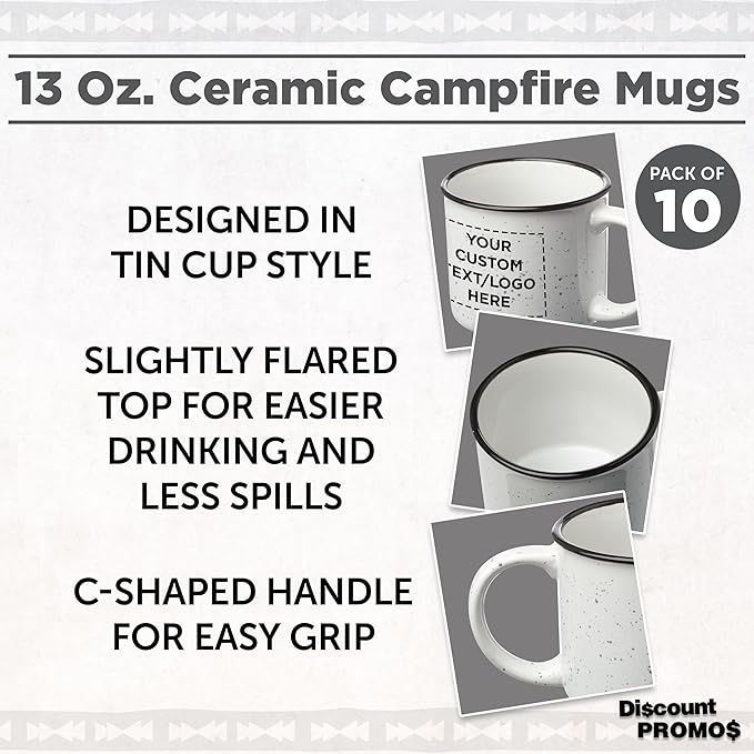 DISCOUNT PROMOS Custom Ceramic Campfire Coffee Mugs 13 oz. Set of 10, Personalized Bulk Pack - Perfect for Tea, Espresso, Cappuccino, Hot Cocoa - White