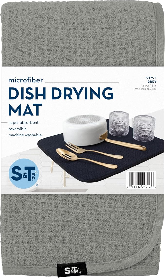 S&T INC. Dish Drying Mat, 16” x 18”, Absorbent Microfiber Kitchen Counter Mat, Dish Drying Pad for Dishes, Utensils, Pots and Pans, Large, Grey
