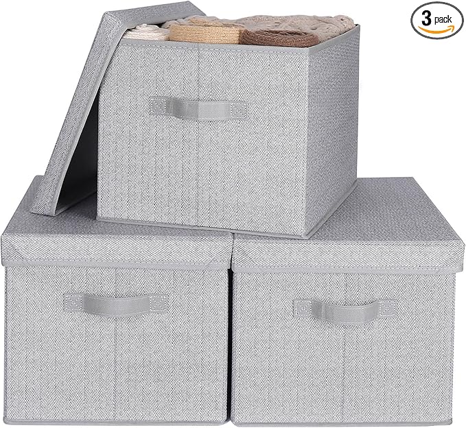 WUIKE 3 Pack Extra Large Foldable Storage Bins with Lids, Fabric Storage Bins for Home and Closet Organization, Herringbone Gray