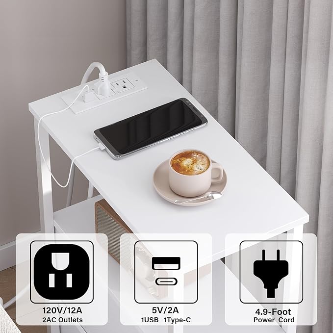 TUTOTAK Narrow LED Night Stand with Charging Station, Slim End Table with Plugins, Tall Side Table with 3 Fabric Drawer, Small Bedside Table with Storage, Set of 2, for Living Room, White TB01BW073L