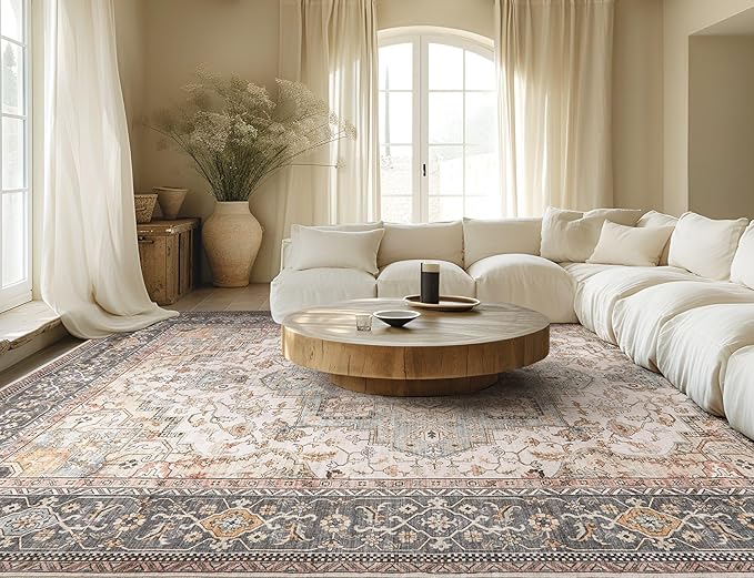 Washable Area Rugs for Living Room - 7x9 Neutral Vintage Distressed Floral Farmhouse Boho Large Soft Floor Rug Indoor Non Slip Carpet for Living Room Bedroom Dining Room Office - Forest Green Orange