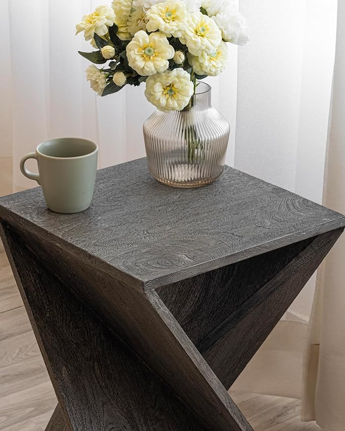 Modern Hand Made One-of-a-Kind Carved Mango Wood End Table, Farmhouse Side Table,Farmhouse End Table,Living Room,Bedroom, Accent Table, Contemporary Architectural Designed Grey,Assembled