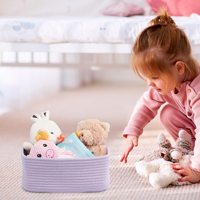 Small Woven Storage Baskets 13“X9”X5“ Decorative Rope Bins for Organizing Shelves, Closets, and Toys, Empty Gift Baskets, Cute Organizer Basket for Home and Office (purple, Large)