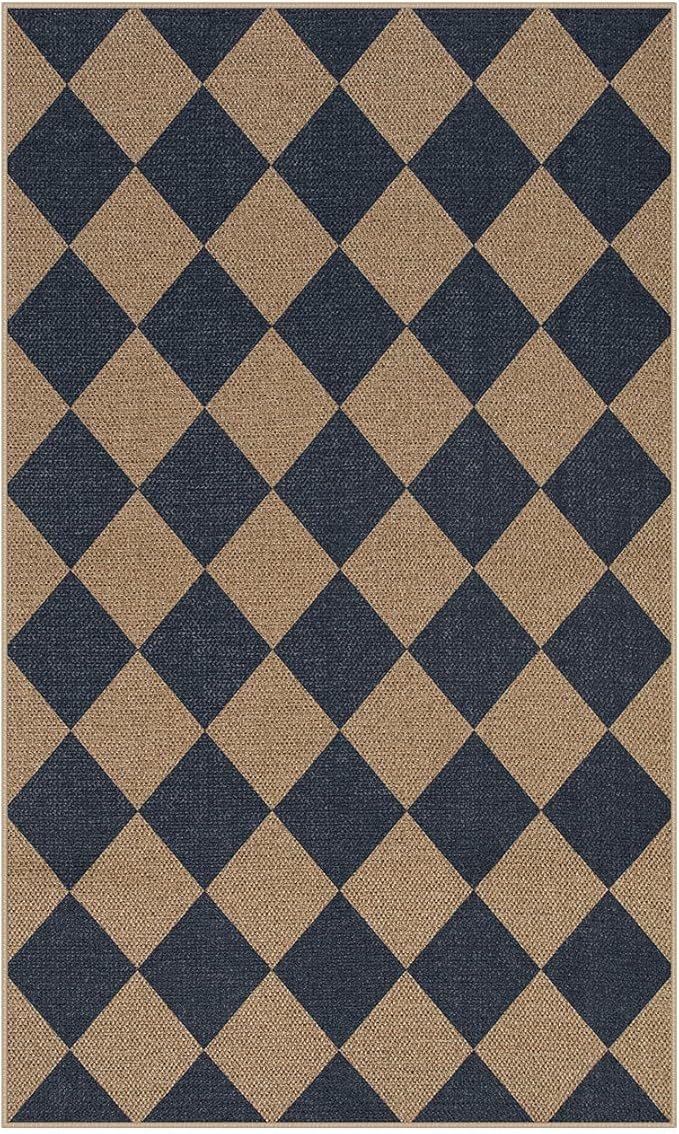 Lahome Checkered Easy Jute Entryway Rug, 3x5 Washable Area Rugs for Living Room Outdoor Patio, Non Slip Blue Indoor Door Mat Checkerboard Throw Carpet for Entry Front Door Guestroom Deck