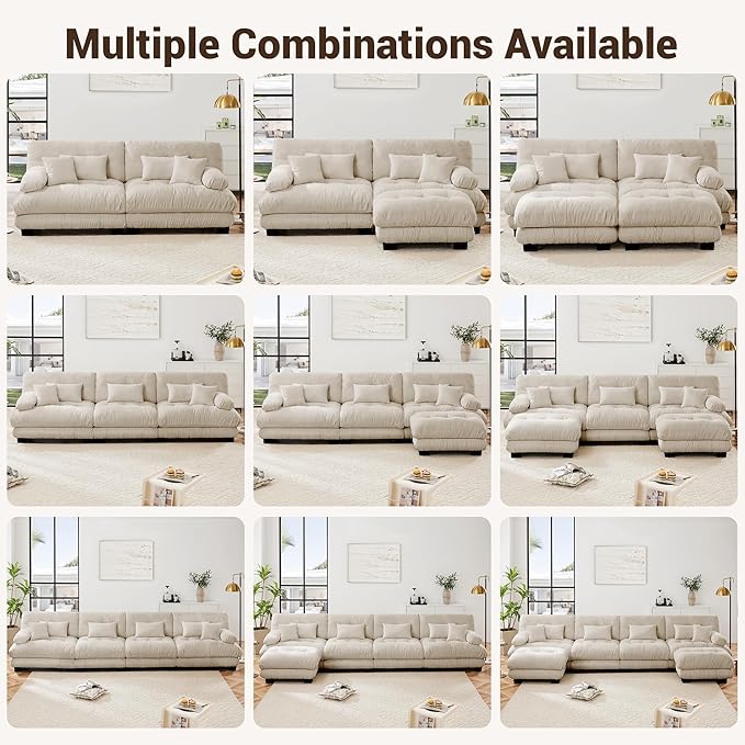 L Shaped Couch Sectional Couch, 4-Seater Cloud Couch Sectional Oversized Couch, Sofa Bed Couch with Round Bolster Armrests 6 Pillows, Modular Couch Home Sofa Living Room Couch