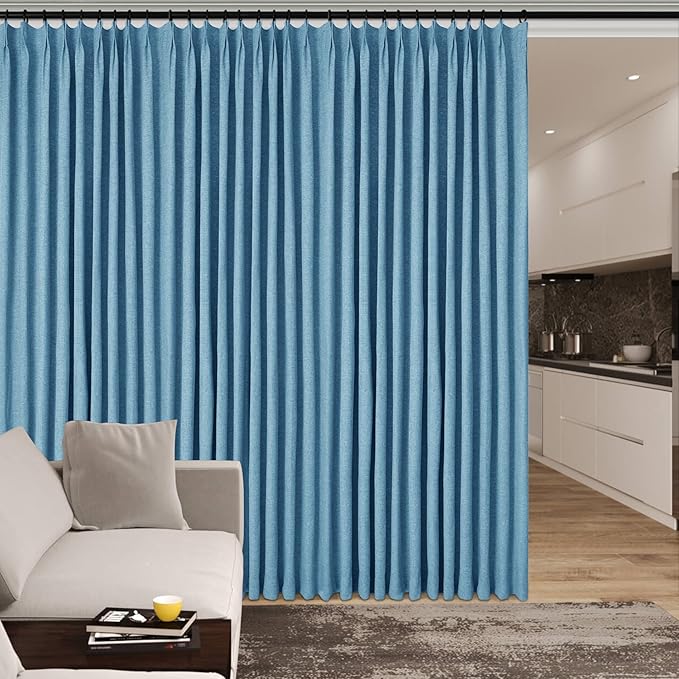 100" W x 84" L Faux Linen Room Divider Curtains, Full Blackout Pinch Pleated Drapes for Traverse Rod, Bedroom Divider Privacy Drapery with Hooks for Ceiling Track, 1 Panel, Blue