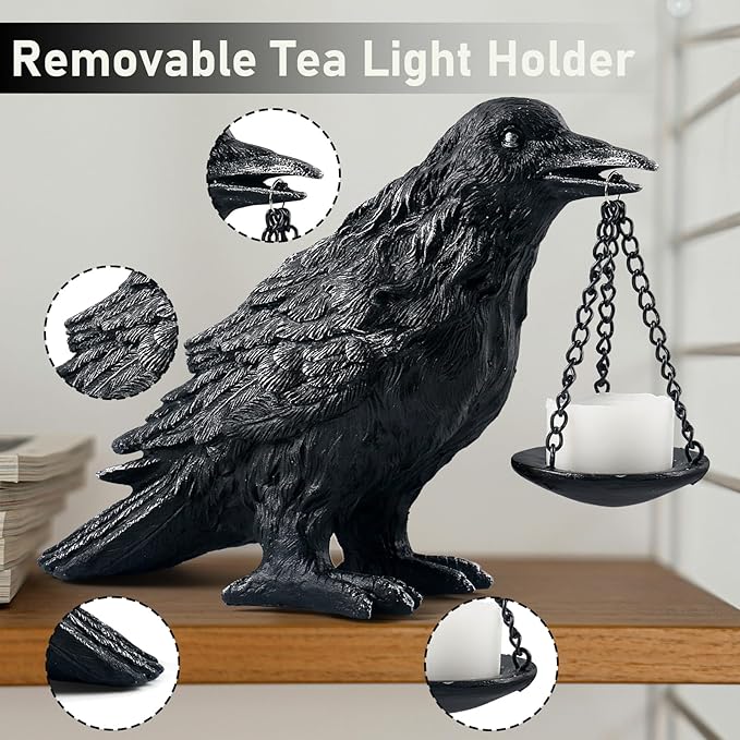 Raven Gothic Home Decor Fake Crow Light Holder Raven Lamp Tealight Candle Holder Resin Raven Statue Wearing Silver