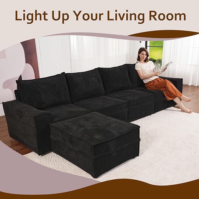 HOOOWOOO Modular Sectional Sofa Couch,Matching Free Combination Cloud Couch Armless Chair(Black Corduroy)