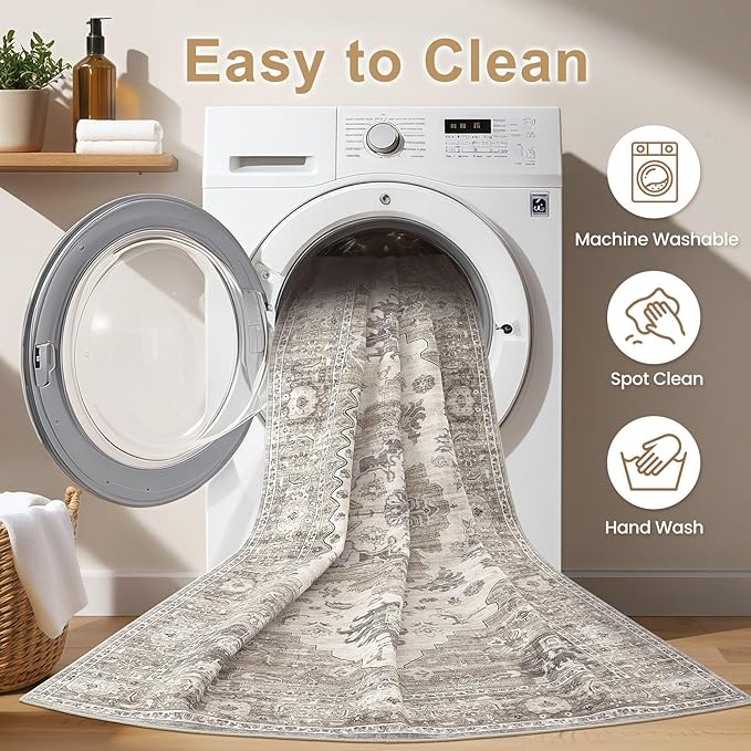 Washable Area Rugs for Living Room - 5x7 Neutral Vintage Distressed Floral Farmhouse Boho Large Soft Floor Rug Indoor Non Slip Carpet for Living Room Bedroom Dining Room Office -Brown/Beige