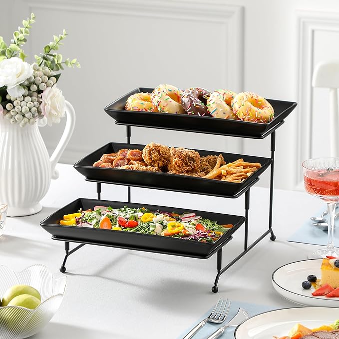 MALACASA 3 Tier Serving Trays for Party, Stoneware Serving Platters and Trays, 12 Inch Tiered Tray Stand, Fruit Tray, Trays for Serving Food, Black Dessert Stand with Collapsible Sturdier Metal Rack