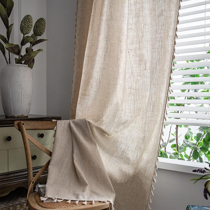 Sutuo Home Boho Curtain 72 Inches Long for Bedroom, Natural Linen Look Textured Burlap Rod Pocket Chic Semi Blackout Bohemian Handmade Tassels Window Treatment for Living Room, 1 Panel 59" W x 72" L