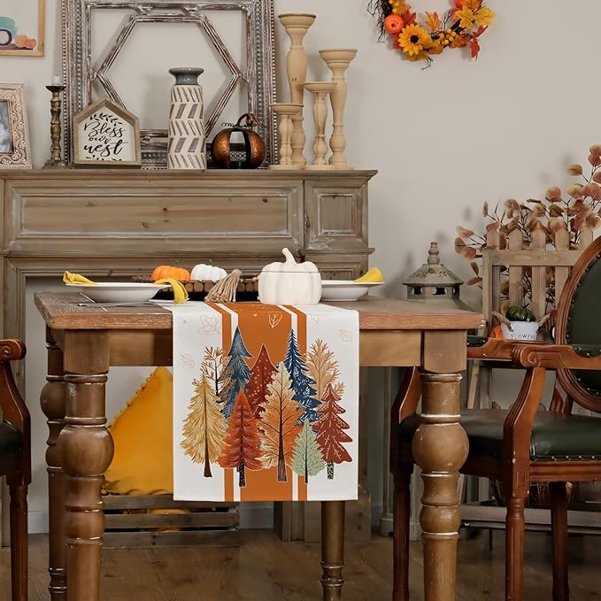 GEEORY Fall Watercolor Trees & Maple Leaves Striped Table Runner 13x108 Inch, Rustic Farmhouse Autumn Thanksgiving Decor for Kitchen, Dining, Indoor/Outdoor Holiday Dinner Party Orange GT157-108