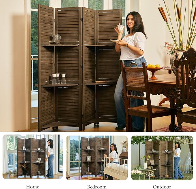Partition Room Dividers, 67 * 51inch Folding Wood Privacy Screen with Three Display Shelves Suitable for Home Office, Study, Art Display - 4 Panel (Brown)