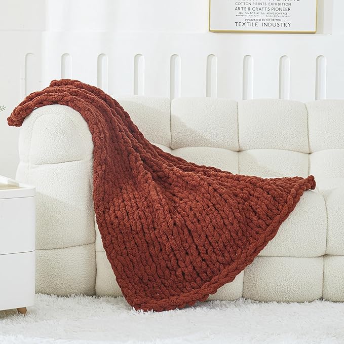WESHIONGOO Chunky Knit Blanket Throw 40"*40“ Knitted Throw Blankets for Couch Bed Fluffy Soft Blanket with Jumbo Chenille Yarn Thick 100% Handmade(Rust)