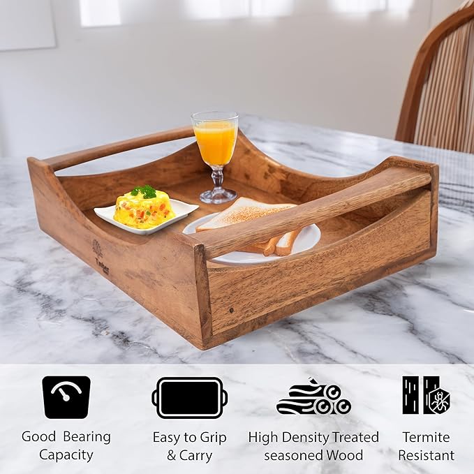 Wooden Serving Tray with Handles – Large 16"x10"x3.5" Mango Wood Decorative Rectangular Platter for Breakfast, Lunch, Dinner, Coffee & Tea – Ideal for Table, Lap, Couch, BBQ & Party Use