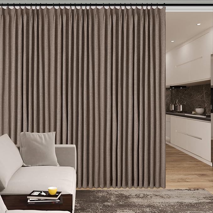 100" W x 96" L Faux Linen Room Divider Curtains, Full Blackout Pinch Pleated Drapes for Traverse Rod, Bedroom Divider Privacy Drapery with Hooks for Ceiling Track, 1 Panel, Light Brown