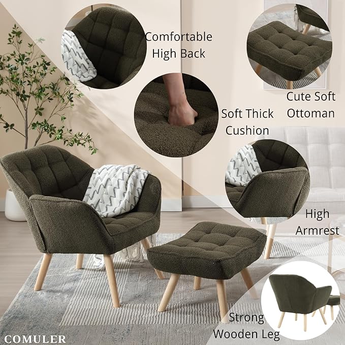 Green Sherpa Accent Chair with Ottoman ,Modern Reading Chair with Ottoman Set, Comfy Fuzzy Armchair Living Room Chair Lounge Chair with Wood Legs for Small Spaces Bedroom Apartment