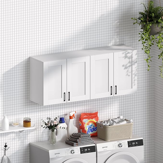 White Laundry Room Cabinets and Storage with 4 Doors and Utility Adjustable Shelf,Gabinetes Para Cocina Cupboard Kitchen Organizers and Storage Pantry Wall Mounted 12.4"D x 47.2"W x 19.7"H