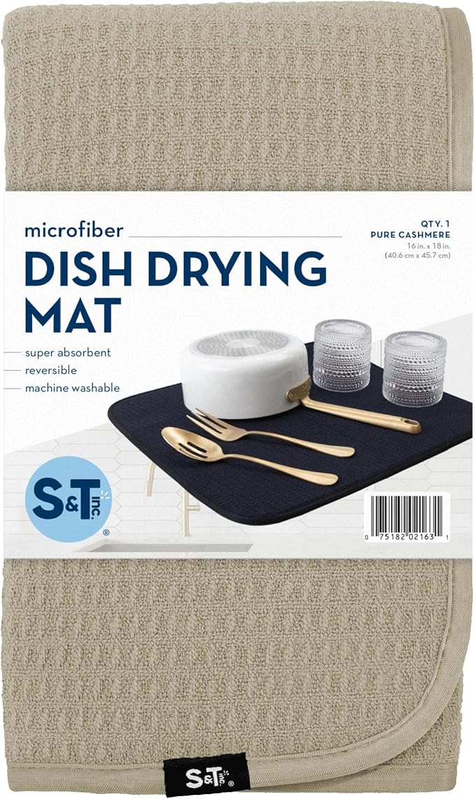 S&T INC. Dish Drying Mat, 16” x 18”, Absorbent Microfiber Kitchen Counter Mat, Dish Drying Pad for Dishes, Utensils, Pots and Pans, Large, Pure Cashmere
