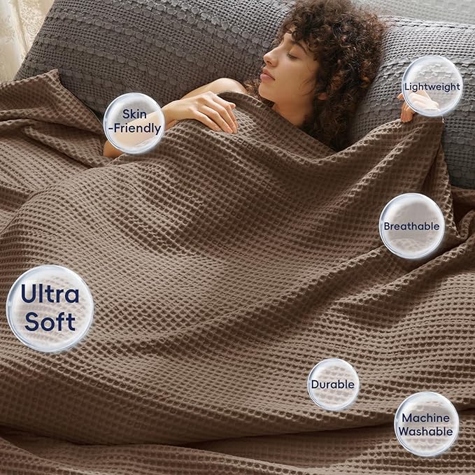 PHF Ultra Soft Waffle Weave Blanket King Size Cocoa Brown(104"x 90")- Washed Lightweight Breathable Cozy Woven Blanket for Bed - Aesthetic Decor for Couch Bedding Sofa Home Car