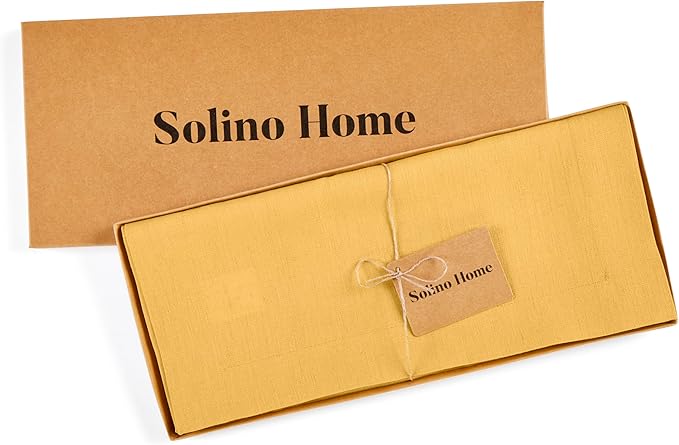 Solino Home Linen Mustard Yellow Table Runner 48 Inches - 100% Pure Linen Farmhouse Short Table Runner 14 x 48 Inch Ideal for Dresser and Coffee Tables - Fete