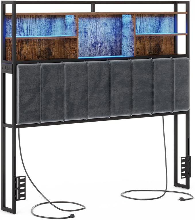Headboard with 3-Tier Storage Shelves, Velvet Upholstered Head Board with 2 Outlets, USB Ports & LED Light, Soft Backrest for Queen Size Bed, Rustic Brown and Black BH15201BV1