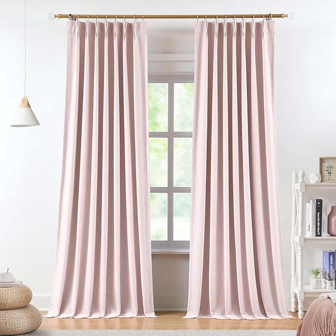 Vision Home Soft Pink Pinch Pleated Full Blackout Curtains Linen Blended Room Darkening Curtain Panels 72 inch for Living Room Bedroom Thermal Insulated Pinch Pleat Drapes with Hooks 40" Wx72 Lx2