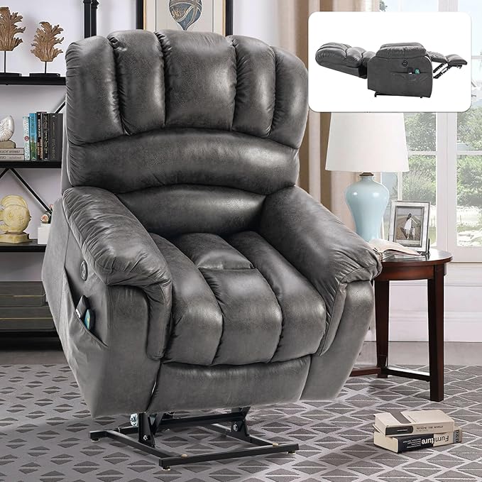 VIVIJASON Large Dual OKIN Motor Lay Flat Sleeper Lift Recliner Chair with Heat & Massage for Elderly, Infinite Position Electric Power Recliner with 2 Remote Controls, Side Pockets & USB Ports, Gray