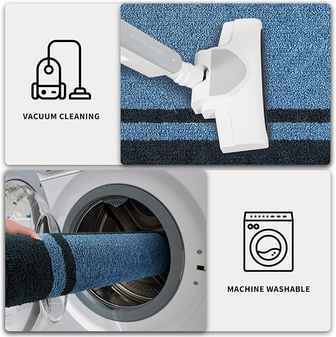 PURRUGS Dirt Trapping Door Mat 20" x 32", Non-Slip/Skid Machine Washable Entryway Rug, Shoes Scraper, Area Rug, Super Absorbent Welcome Mat for Muddy Wet Shoes and Paws, Light Blue & Navy