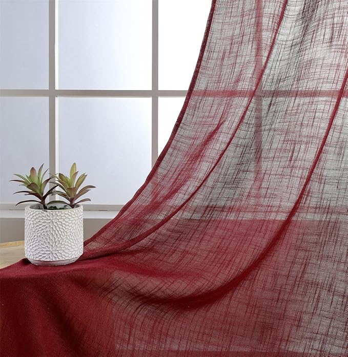 MIUCO Semi Sheer Curtains Poly Linen Textured Solid Grommet Curtains 95 Inches Long for Window Treatment 2 Panels (2 x 37 Wide x 95" Long) Burgundy