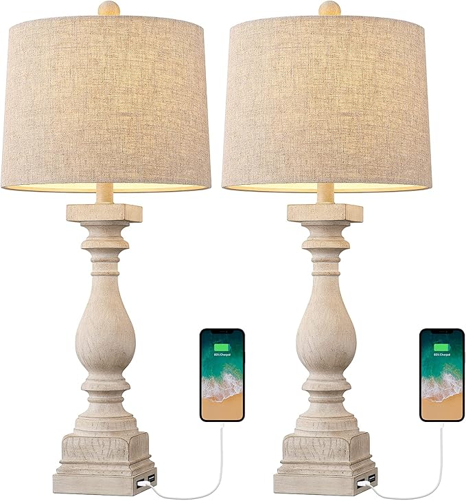 BOBOMOMO 27" Table Lamp with USB C+A Charging Ports Set of 2 Antique Nightstand Lamp for Bedroom Living Room Farmhouse Office Retro Rustic Resin Bedside Desk Lamps Washed White