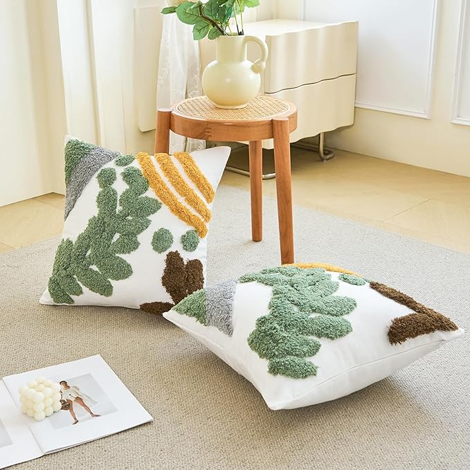 HOdo Home 18x18 Throw Pillow Covers, 2PCS Tufted Boho Jacquard Pillow Covers,Farmhouse Decorative Pillow Cover,Pillow Cases for Couch Sofa Bed Stylish Decor, Simple Textured Cushion Sham