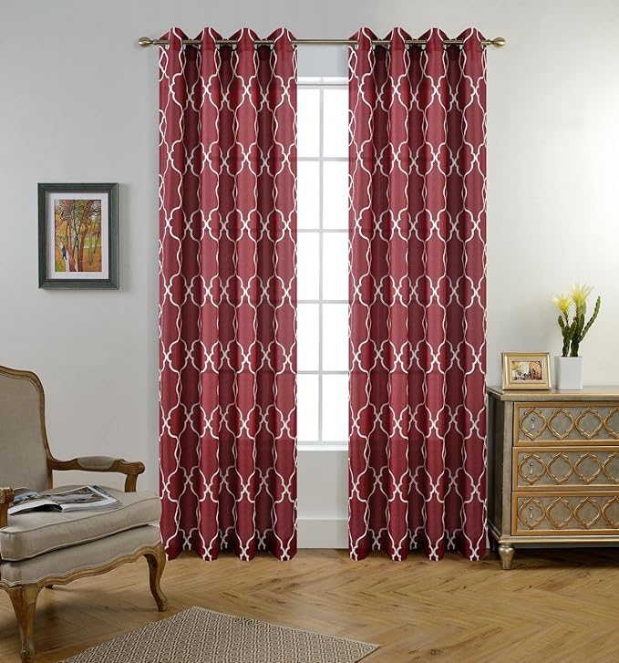 MIUCO Moroccan Embroidered Semi Sheer Curtains Faux Linen Grommet Window Curtains for Bedrooom 52 x 84 Inch 2 Panels, Burgundy