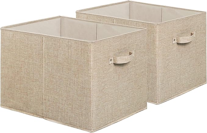 SIMPLE HOUSEWARE 15 x 13 Inch Collapsible Fabric Storage Bin with Handles, 2 Pack, Beige