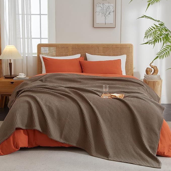 PHF Ultra Soft Waffle Weave Blanket King Size Cocoa Brown(104"x 90")- Washed Lightweight Breathable Cozy Woven Blanket for Bed - Aesthetic Decor for Couch Bedding Sofa Home Car