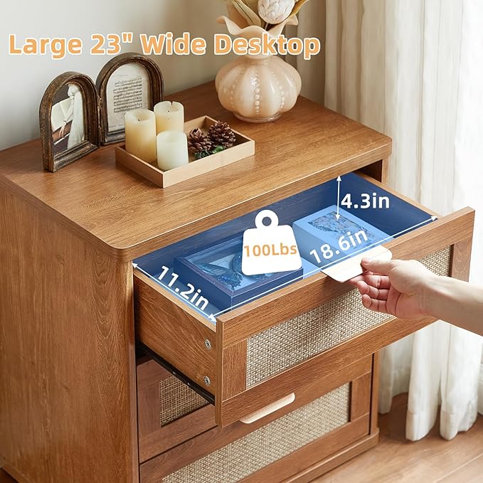 LEYAOYAO Boho Rattan Coffee Table and End Table Sets, 48" Wide Center Tables & 23" Night Stand with 3 Drawers, Brown Wood Coffee Table for Living Room 3 Piece Set
