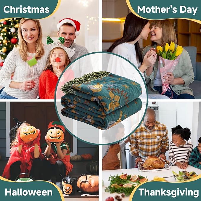 Boho Throw Blanket for Bed Couch 100% Cotton Woven Bed Throws for All Season Lightweight and Soft Cozy Farmhouse Reversible Muslin Decorative Blanket for Travel Picnic, Teal/Cream, 91''x98''